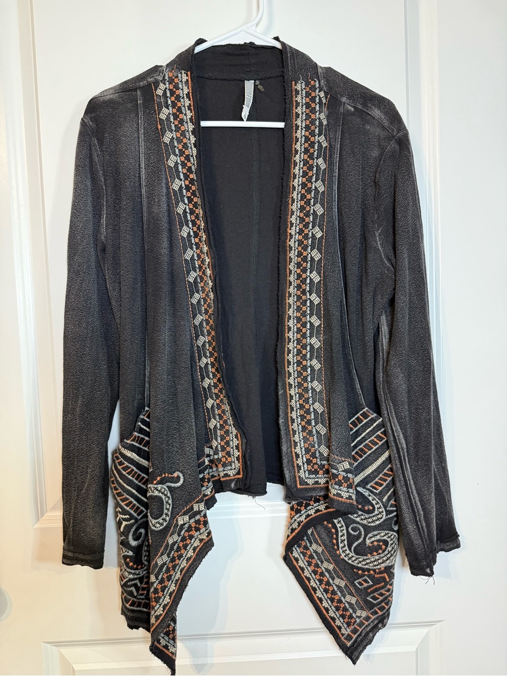 Mono Reno Women’s Embroidered Open Front Waterfall Cardigan Black Boho